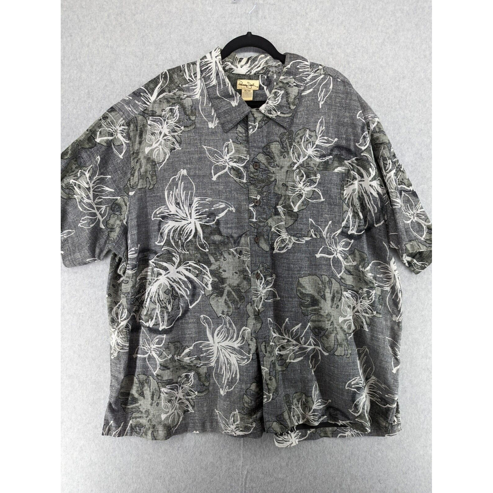 Panama Jack Button Up Hawaiian Shirt Men's 3XL Short Sleeve Gray Floral Leaves‎